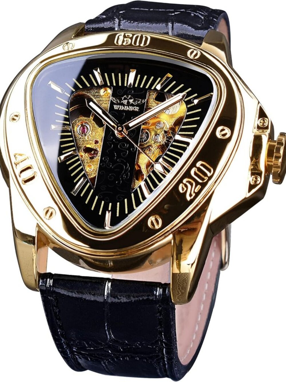 Stylish Mechanical Wrist Watch with Triangle Racing Dial, Waterproof Leather